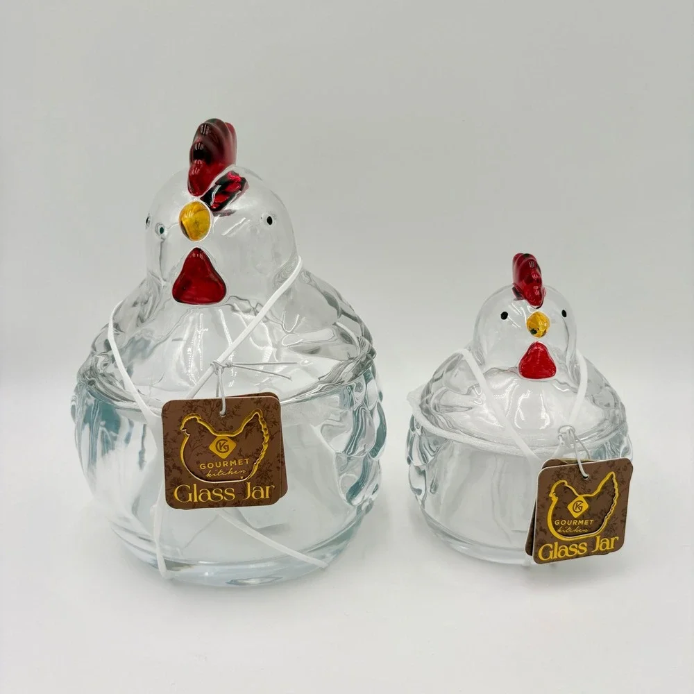 Gourmet Kitchen Glass Chicken Jar Set of 2 Clear Hen Canisters Farmhouse Decor